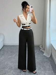 Conjunto de blazer corto sin mangas de color contrastante y pantalones rectos elegantes de estilo de oficina para mujer, atuendo profesional de oficina, vestimenta de maestra, ropa para ir y venir y uso casual - Negro - Ver 3