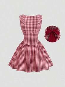 Vestido casual de mujer con cuello de barco, sin mangas, con estampado de cuadros, espalda descubierta, contraste de color, lazo en la cintura y silueta evasé, para primavera/verano - Rojo - Ver 3