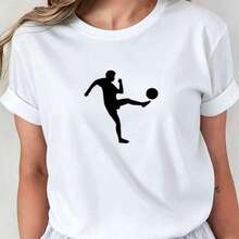 Women's Football-Themed Short-Sleeved Round-Neck T-Shirt, Casual Summer Shirt With Dynamic Player Print, Suitable For Matching With Other Styles, Casual Wear, Machine Washable, Casual Round-Neck Top, Comfortable Women's Clothing. - 白色 - 查看 6