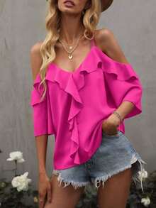 Blusa de volantes con hombros descubiertos de unicolor, estilo de vacaciones de playa para mujer - Rosa Fucsia - Ver 4