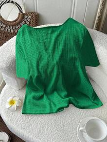 Blusa casual de manga corta con nudo delantero de unicolor para mujer de talla grande - Verde - Ver 2