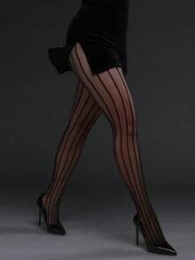 [DazzleLegs]1pc Plus Size High Elasticity Vertical Striped Watermelon Pattern Fishnet Tights, Women Fashion Seamless Pantyhose, Black Mesh Stockings Festive Outfits - Đen 8 - Xem 3