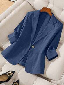 Blazer de lino con cordón en la cintura y mangas 3/4 de longitud para mujer de oficina - Azul marino - Ver 1