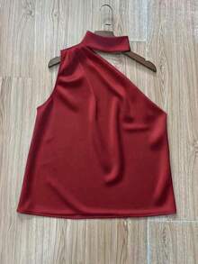 1 pieza Blusa elegante sin mangas de satén de unicolor con volantes asimétricos/asimétricos, adecuada para verano, vacaciones, oficina, hogar, uso diario, fiesta de cumpleaños, eventos formales y casuales - Burdeos - Ver 4