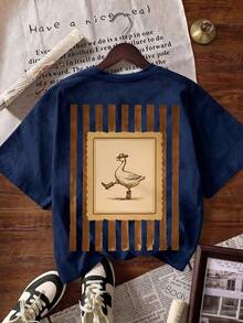 Camiseta casual de mujer de manga corta, cuello redondo, con estampado divertido de ganso vaquero del oeste, top de verano - Azul oscuro - Ver 3