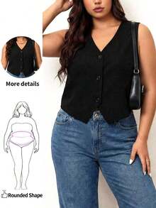 Chaleco negro ligero de talla grande, ropa de oficina para mujer, para silueta de manzana y redondeada, para el verano - Negro - Ver 8