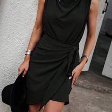 Summer Casual Solid Color Tie-Wrap Sleeveless Dress - Rosa - Ver 5