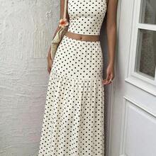 MOD Women's Polka Dot Camisole Top And Skirt Set, Fashionable For Vacation And Party, Collegiate, Casual, Elegant, Outfit For Women , Women's Summer Outfits,Party Sets For Women,Elegant Set Women, Polka Dot Set,White&Black Set,Elegant Women's Sets, Two Pieces Dress, Vacation Outfits Woman 2 Pieces, Cream Two Pieces Set - Burdeos - Ver 6