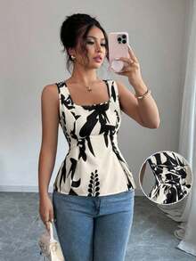 Blusa de mujer sin mangas con cuello sin cuello, cinturón con nudo y volantes estampada en tela - Negro - Ver 7