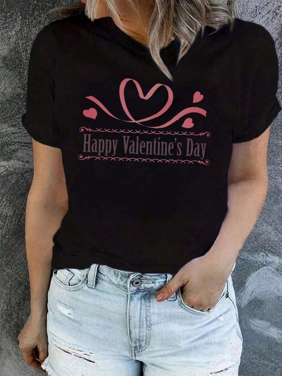 Women's Casual Short Sleeve Crew Neck T-Shirt, Creative Prints For Valentine's Day, Simple Design, Suitable For All Seasons, Comfortable And Versatile, Couple Style, Graphic T-Shirt. - 黑色 - 查看 1