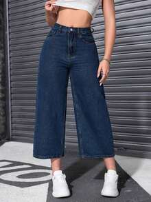 Jeans casuales de cintura alta con bolsillos y pierna ancha - Azul lavado oscuro - Ver 1