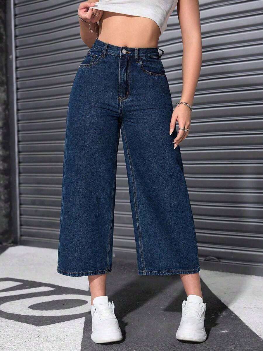 Jeans casuales de cintura alta con bolsillos y pierna ancha - Azul lavado oscuro - Ver 1