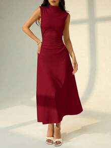 Vestido maxi de línea A con cuello mao, sin mangas, fruncido, color blanco, nuevo para el Día de San Valentín.Elegante y romántico atuendo para citas y trabajo, vestidos de verano para mujer - Rojo - Ver 5
