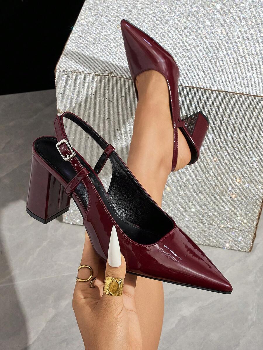 Women's Pointed Toe Chunky Heel High Heels, Spring/Autumn Slip-On High Heels, Summer Breathable Pumps, Elegant Comfortable Office/Work Heels - Burgundy - View 1