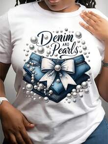 Camiseta de Manga Corta, Estampado de Denim y Perlas, Estilo Básico para Todas las Estaciones, Tejido Suave, Transpirable y Cómodo, Top Casual para Mujer, Lavable a Máquina y Duradero, Esencial para Salir - Blanco - Ver 1