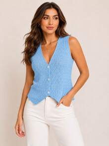 Women's Knitted Vest With Button Overlay, Simple Knit Fabric, Buttons At The Front - 淺藍色 - 查看 2