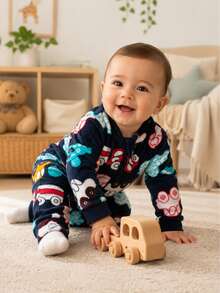 Children's Fleece Jumpsuit With Navy Blue Car Print And Front Zipper Opening - Navy Blue - View 8