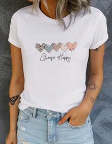 Free  estampada con diseño de Corazones Chosse  , manga corta cuello redondo, top casual para verano y primavera, ropa de mujerHolidayNigh - Blanco - Ver 1