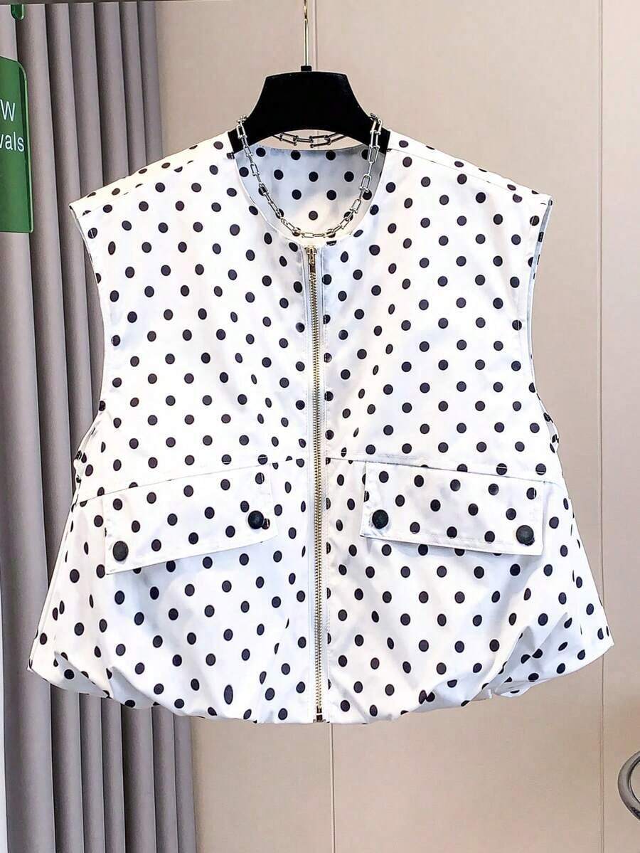 Chaleco corto sin mangas para mujer, blusa sin mangas con lunares y cuello redondo minimalista, diseño de dobladillo con volantes romántico, forrada, blusa versátil para primavera y verano - Blanco y Negro - Ver 1