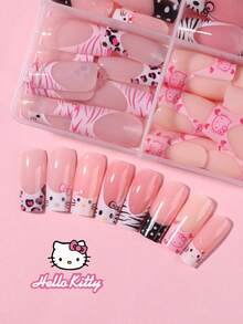 SANRIO 96片（4种混合款式）Hello Kitty Y2K风格中号方形可爱3D豹纹粉色法式美甲贴纸，饰有Hello Kitty、爱心、波点和蝴蝶结图案，粉嫩少女风，完美适配亚克力美甲套装，包含1瓶凝胶胶水和1个指甲锉，适合女孩日常和派对使用。 - 彩色 - 查看 5