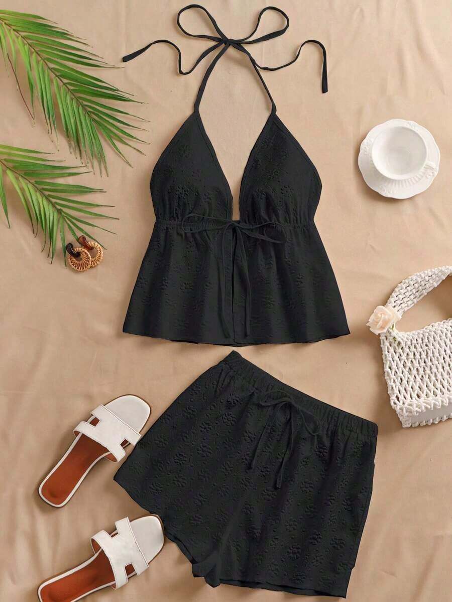 Conjunto de 2 piezas con top de cuello halter con volantes y shorts de unicolor - Negro - Ver 1