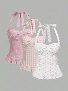 Avant Conjunto de camiseta sin espalda con cuello halter de estilo romántico de vacaciones con lunares y cuadros para mujer - Rosa - Ver 10