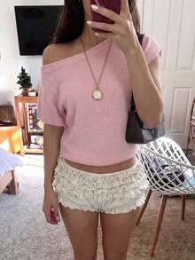 Camiseta holgada de punto acanalado de cuello oblicuo de longitud regular, adecuada para el uso diario, las vacaciones, versátil y cómoda, Moda Primavera/Verano 2026 para Mujer - Rosa - Ver 5