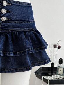 Falda de mezclilla de moda para mujer con diseño de cintura con botones y dobladillo con doble volante - Azul lavado oscuro - Ver 7
