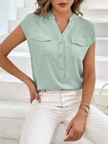 Camisa casual de mujer de unicolor con cuello en V, abotonadura sencilla y bolsillo - verde menta - Ver 5