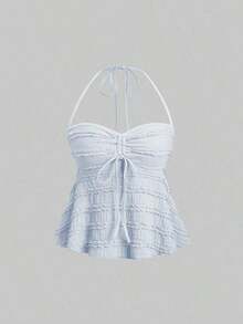 Tops halter con cordón en el busto de color sólido, estilo Y2K para mujeres - Azul 2 - Ver 1