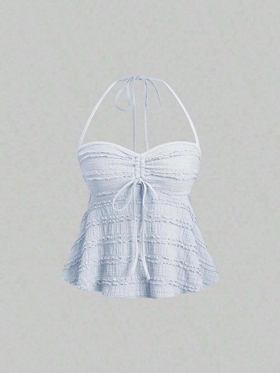 Tops halter con cordón en el busto de color sólido, estilo Y2K para mujeres - Azul 2 - Ver 1