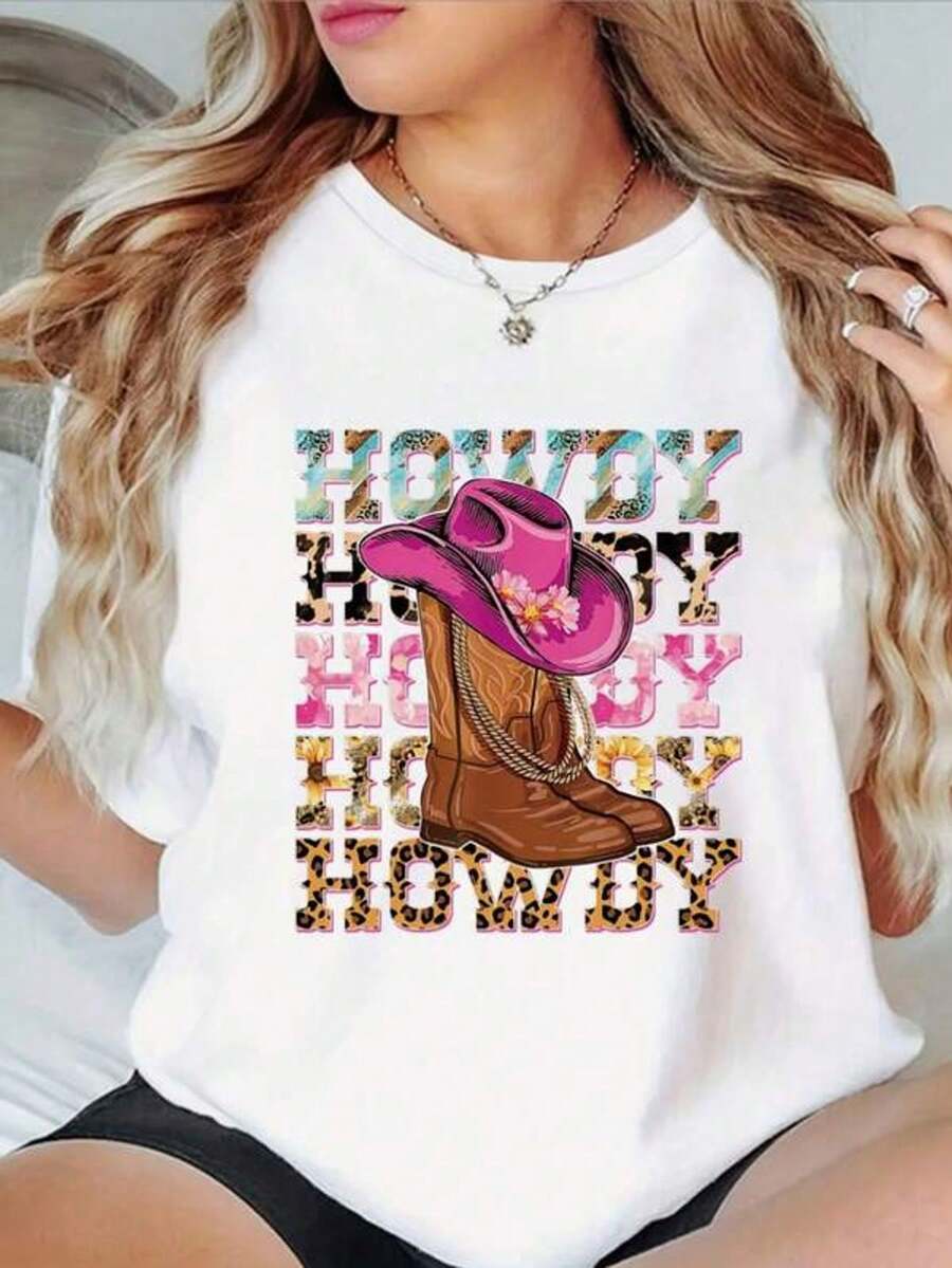 [Plones estampados - No tela de mezclilla] Camiseta de manga corta con cuello redondo y estampado de mezclilla, aptara ropa de mujer de verano y primavera
