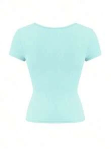 Camiseta de manga corta ajustada y sexy con cuello cuadrado de punto de unicolor para mujer Vaiaye, top de activewear para primavera/verano, adecuado para el Día de San Valentín en color rojo casual - Celeste - Ver 4