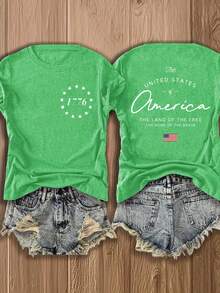 Camiseta de manga corta con cuello redondo para mujer, estilo europeo y americano, ligera y transpirable, con un diseño de inspiración estadounidense que presenta los motivos de 1776 y la bandera nacional, adecuada para uso casual en otoño, una blusa estampada a la moda y cómoda, versátil y de estilo urbano - Transpirable y agradable para la piel. - verde oscuro - Ver 8