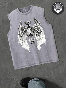Gothic Bat Skeleton Wings Graphic Washed Sleeveless Tank Top Men, Retro Distressed  Independence Day Of The United States Punk Streetwear Casual Vest - 灰色 - 查看 2