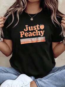 Just Peachy Women's Vintage Graphic T-Shirt, Casual Summer Top, Retro Peach Print T-Shirt, Fashionable Garment For Daily Wear And Festival Season, Suitable For Spring, Summer And Autumn. - 黑色 - 查看 2