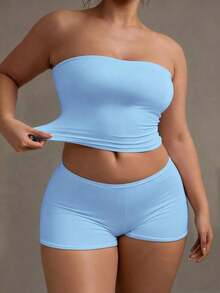 Camiseta sin tirantes sexy básica, top tubo ajustado de unicolor y elástico a la moda, adecuado para mujeres en todas las estaciones, casual negro de verano - Azul cielo - Ver 6