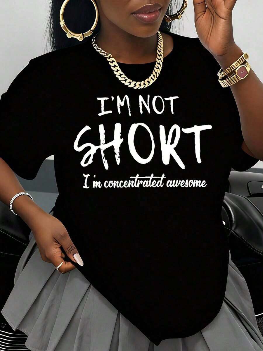 Camiseta de manga corta con estampado gráfico genial "No soy baja, soy concentrada" para mujer, divertida y con un toque de humor, ideal como regalo de cumpleaños o para el estilo diario de verano. - Negro - Ver 1