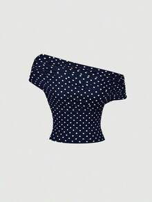Blusa elegante de mujer con lunares y malla versátil, ideal para vacaciones de verano - Azul marino - Ver 5