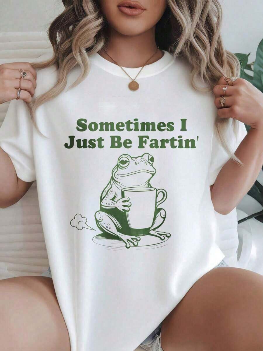 Women's Casual Short Sleeve T-Shirt - Summer Crew Neck T-Shirt With "Sometimes I Just Be Fartin' Frog With Cup" Print, Machine Washable, Women's T-Shirts, Casual Wear, Modern Style, Comfortable Fit
Black - 白色 - 查看 1