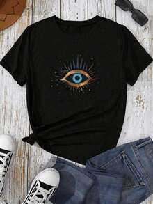 Camiseta de manga corta con estampado de ojo para mujer, blusas con gráficos para mujeres - Negro - Ver 7