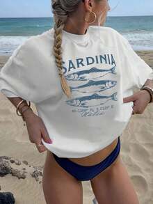 Camiseta casual, conjuntos de verano para mujer, mariscos y pescado de verano, artículos esenciales para la playa de verano, ropa de verano, ropa de vacaciones para mujer, camiseta estampada con letras, top casual de manga corta y cuello redondo para verano y primavera, ropa de mujer 2026, 100% algodón, duradera. - Blanco - Ver 6