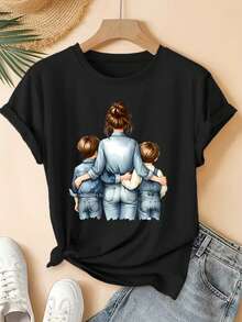 Mujer 002|1pieza|Envío desde la localidad|Una camiseta vintage de cuello redondo con una impresión de una madre y sus dos hijos con un estilo fresco de bosque. Este top holgado es perfecto para fiestas elegantes y versátil para ir al trabajo en la moda femenina para la primavera y el verano de 2026 - Negro - Ver 9