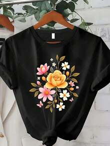 Women's Plus Size Classic T-Shirt - Floral Print T-Shirt - Women's Casual Summer Top - Butterfly Design - Bohemian Style - Black Crew Neck T-Shirt - Short Sleeve Printed Crew Neck T-Shirt, Suitable For Summer/Autumn Wear - Best Seller - 黑色 - 查看 7