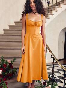 Vestido midi tirantes estilo francés con sensación elegante y delicada para verano - Naranja - Ver 1