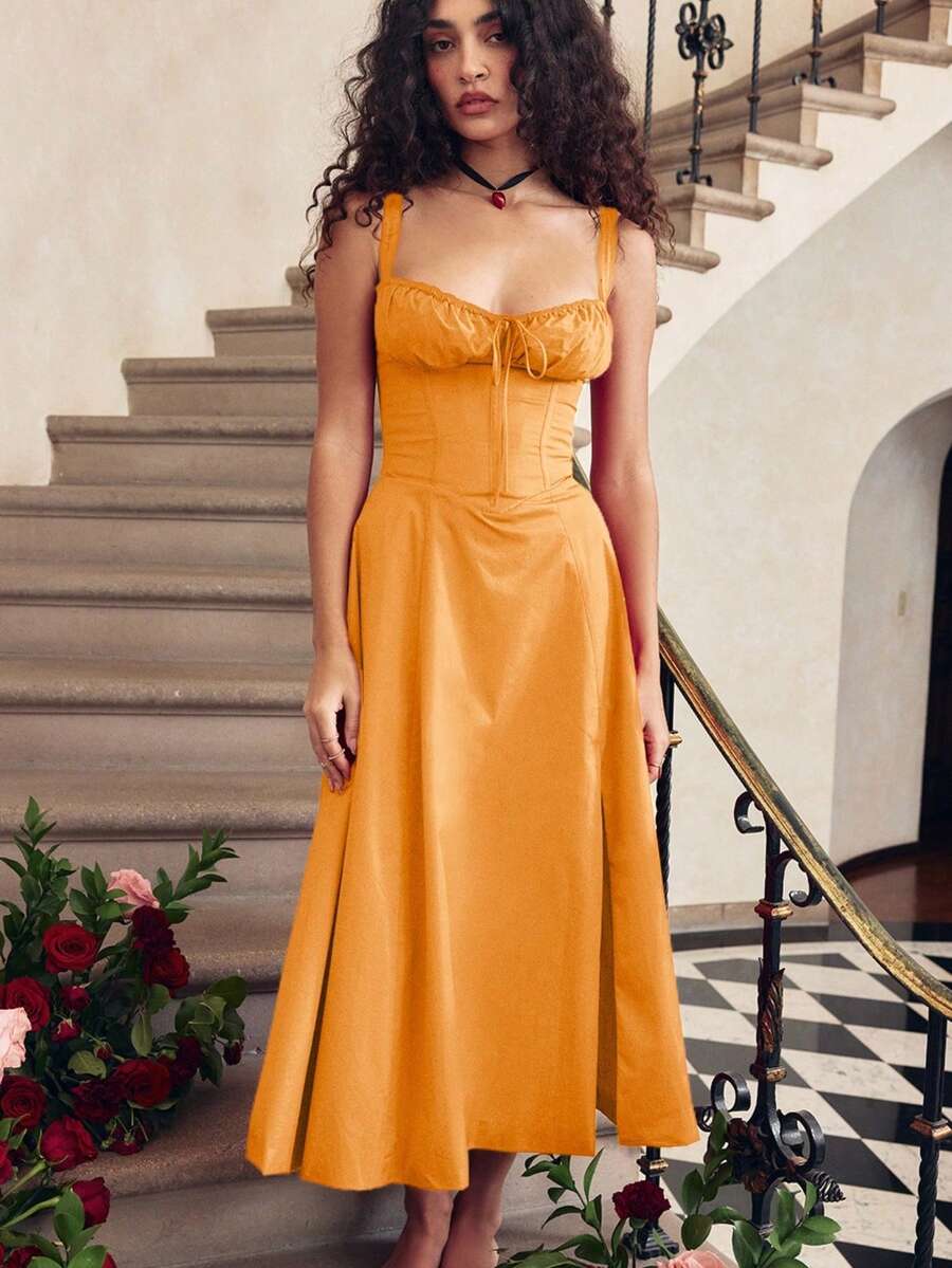 Vestido midi tirantes estilo francés con sensación elegante y delicada para verano - Naranja - Ver 1
