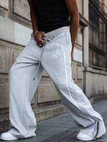 Pantalones largos para hombres, pantalones deportivos para hombres, pantalones deportivos casuales, con estampado de letras, bolsillos y cinturones de cuerda, muy adecuados para el uso diario. - Gris Claro - Ver 5