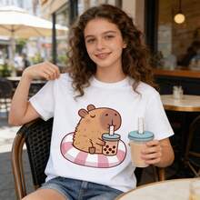 Tops para mujer de algodón de manga corta y cuello redondo para mujer, con estampado de capibara yé de burbujas, de elasticidad media. - Blanco - Ver 5