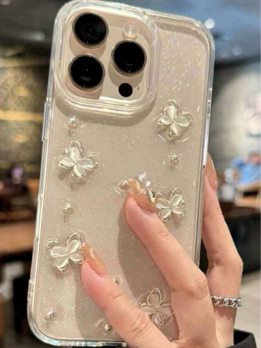 蝴蝶創意個性化透明鏤空亮片防震全包手機殼,適用於 iPhone 15/14 Pro Max/13/16 Pro Max/17/15/11/12 - 無色 - 查看 1