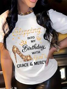 Women's Birthday Celebration T-Shirt - Sparkling Gold Text: "Celebrating My Birthday With God's Grace And Mercy" - Casual White T-Shirt For Everyday Wear And Parties - Comfortable Women's T-Shirt For All Seasons - Birthday Party Outfit Idea, Festive Wear, Fun Design, Breathable Material, Eye-Catching T-Shirt, For Fashion Lovers, Casual Short Sleeve Crew Neck T-Shirt, Fashionable Women's Clothing For All Seasons - 白色 - 查看 5